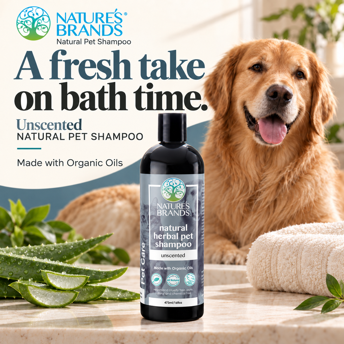Nature's Brands Unscented Pet Shampoo, SLS-Free - Made with Organic