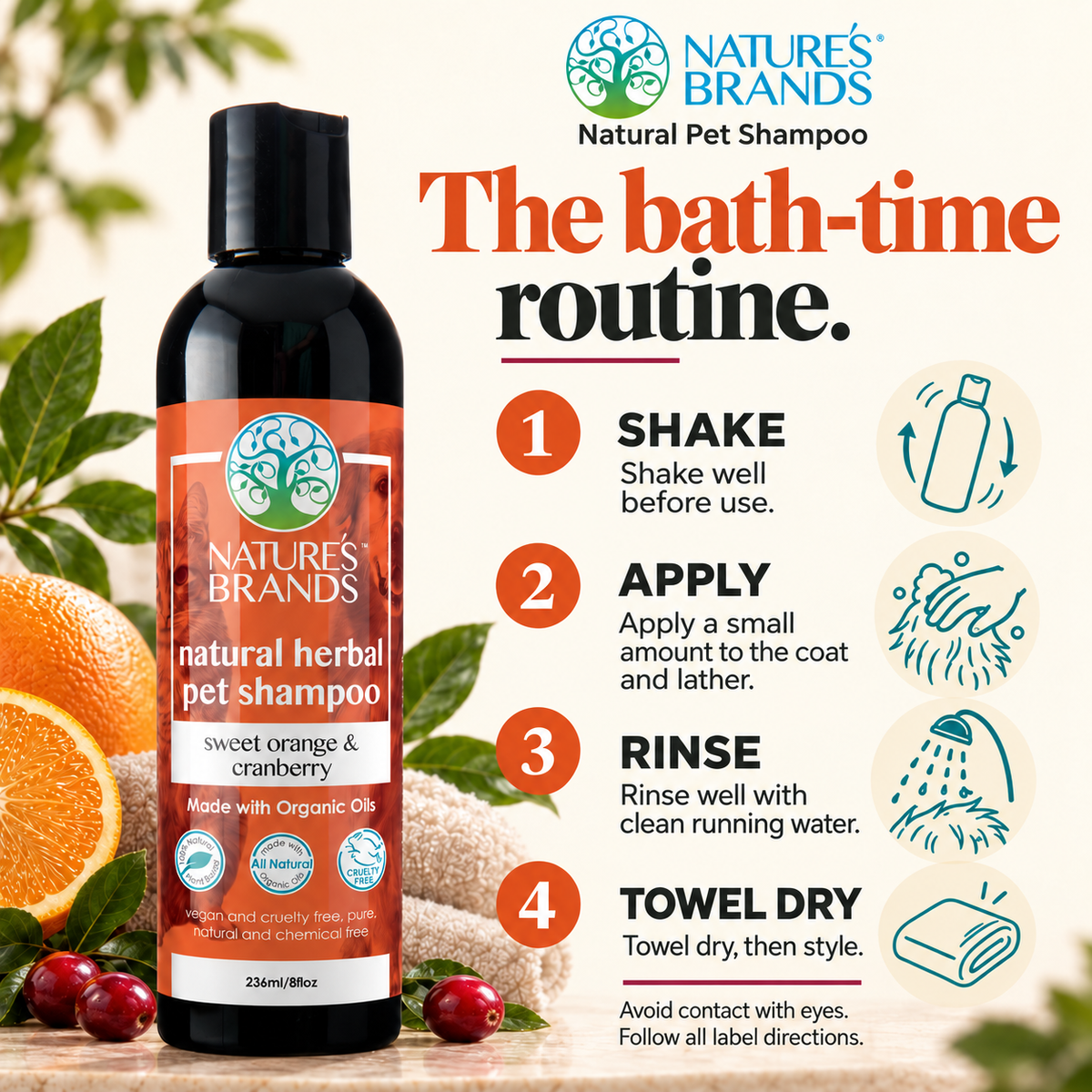 Nature's Brands Sweet Orange and Cranberry Pet Shampoo, SLS-Free - Made with Organic