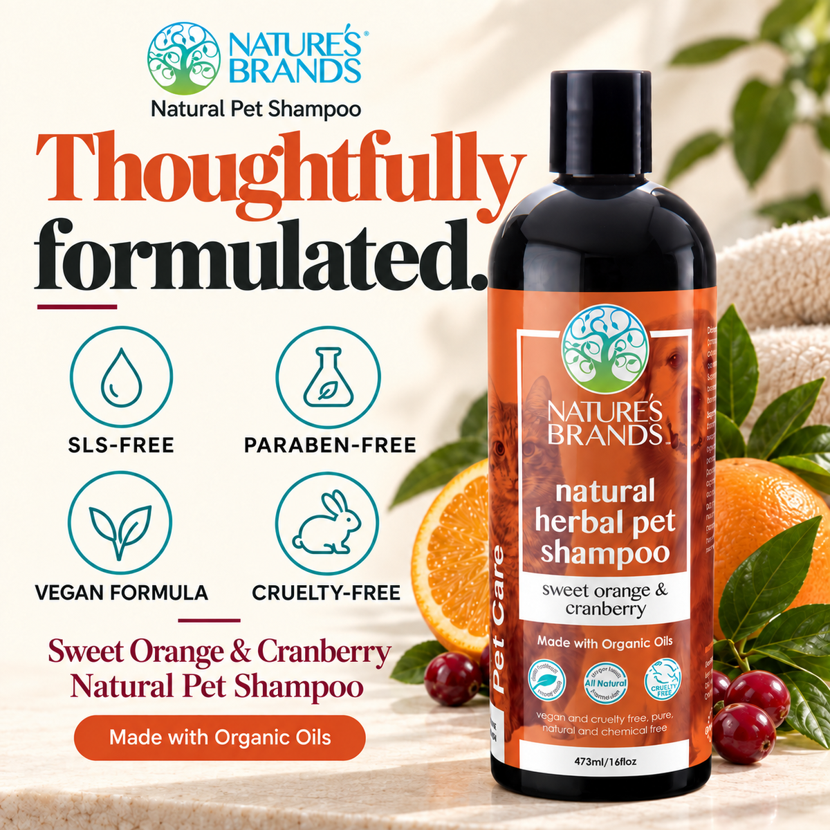 Nature's Brands Sweet Orange and Cranberry Pet Shampoo, SLS-Free - Made with Organic