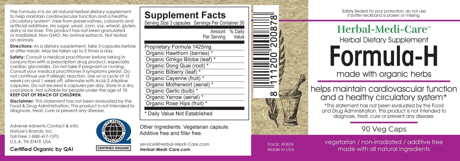 Herbal-Medi-Care Whole Food Formula-H (Blood Pressure) Vegetarian Capsules; 90-Count, Made with Organic