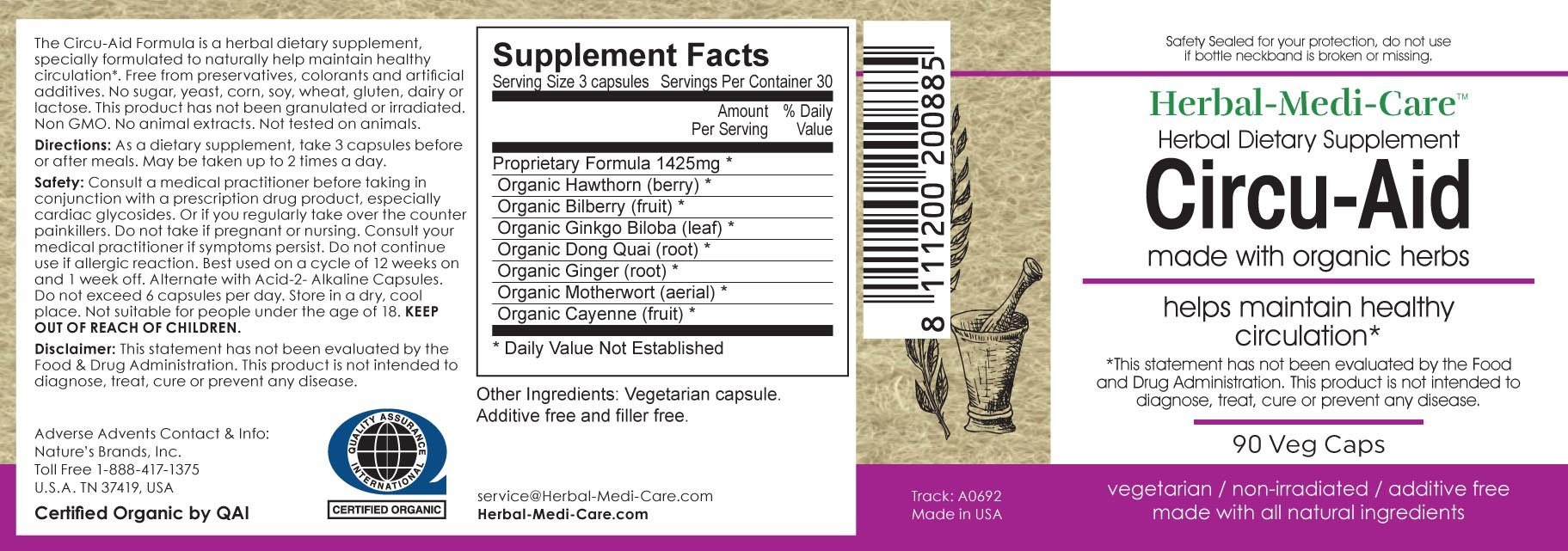 Herbal-Medi-Care Whole Food Circu-Aid (Circulation) Vegetarian Capsules; 90-Count, Made with Organic