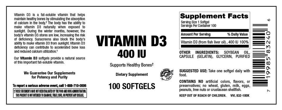 Vitamin Source Vitamin D3 400 IU 100 Softgels
