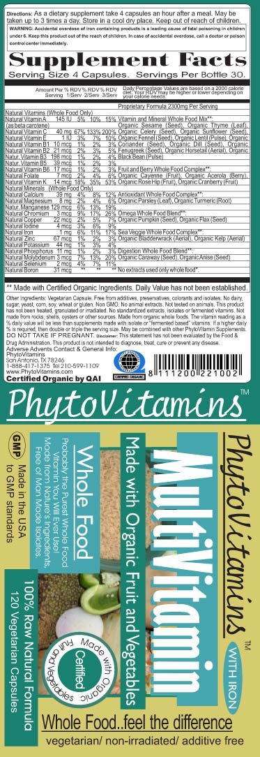 Phyto Vitamins Whole Food Multivitamins with  Iron Vegetarian Capsules; 120-Count, Made with Organic - Phyto Vitamins Whole Food Multivitamins with  Iron Vegetarian Capsules; 120-Count, Made with Organic - PhytoVitamins Multi-Vitamin with Iron label 