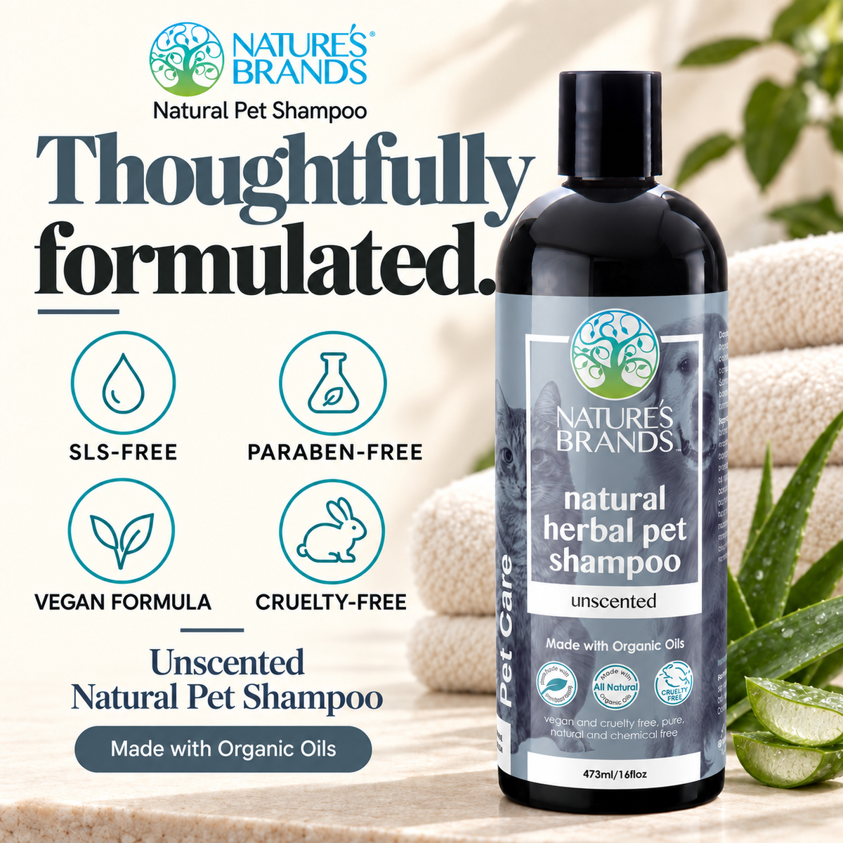 Nature's Brands Unscented Pet Shampoo, SLS-Free - Made with Organic