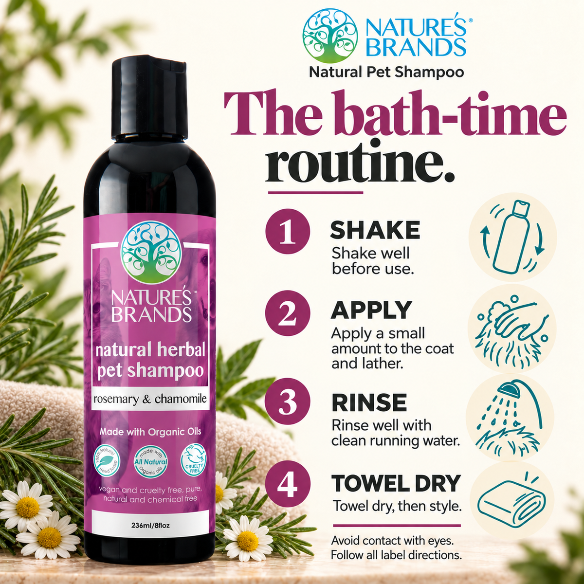 Nature's Brands Rosemary and Chamomile Pet Shampoo, SLS-Free - Made with Organic